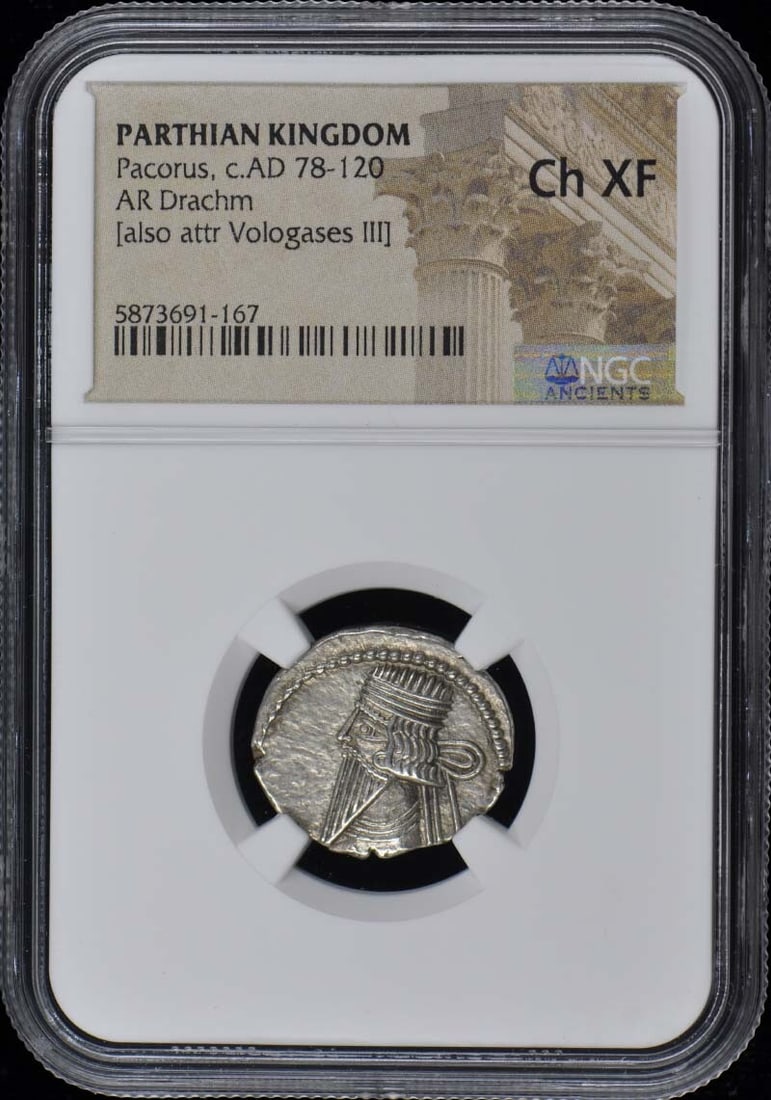 Pacorus AR Drachm c.AD 78-120 NGC XF45 Certified Coin: Pacorus AR Drachm c.AD 78-120 NGC XF45 Certified Coin This exquisite silver drachm from the Parthian Kingdom features a striking design from the reign of King Pacorus, dating between AD 78-120. Graded