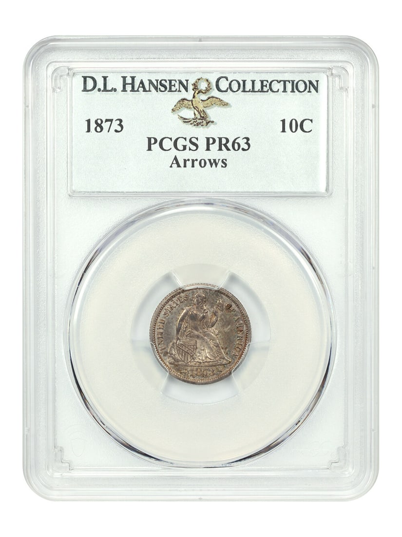 1873 10C PCGS PR63 Liberty Seated Dime with Iridescent Tones: 1873 10C PCGS PR63 Liberty Seated Dime with Iridescent Tones This 1873 10C Liberty Seated Dime, graded PR63 by PCGS, showcases stunning iridescent tones, highlighting its beauty and quality. With a st