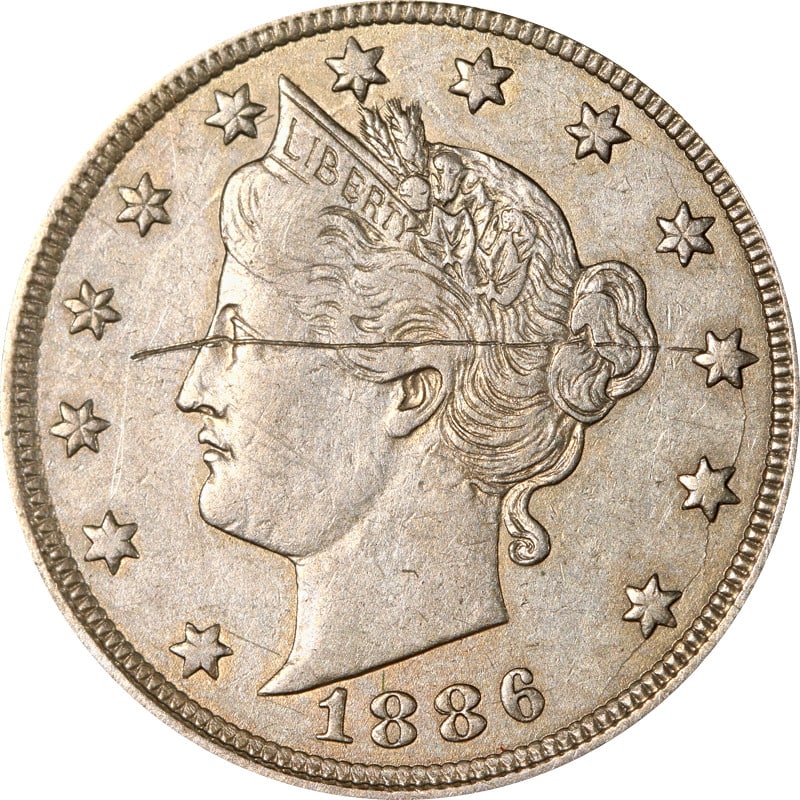 1886 Liberty Head V Nickel United States XF Details With Scratch: 1886 Liberty Head V Nickel United States XF Details With Scratch This 1886 Liberty V Nickel from the United States features XF (Extremely Fine) details and has a visible scratch. The coin is circulate