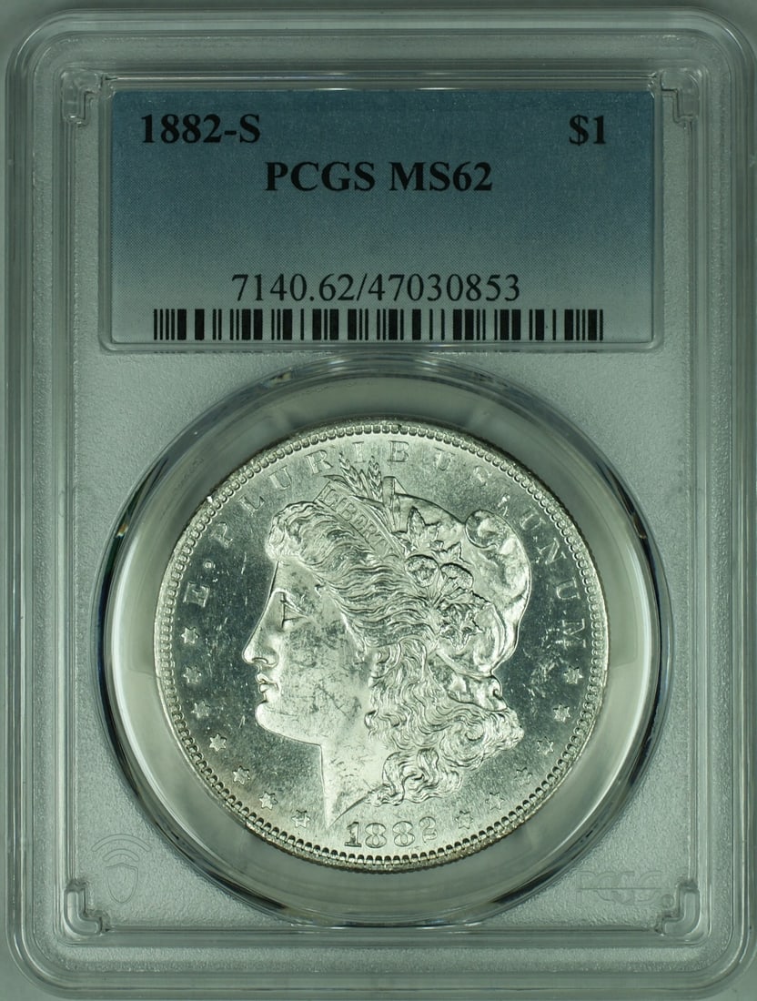 PCGS MS62 Morgan Dollar 1882 San Francisco Silver $1 Coin: PCGS MS62 Morgan Dollar 1882 San Francisco Silver $1 Coin This is an 1882-S Morgan Silver Dollar coin, certified by PCGS with a grade of MS-62. Struck at the San Francisco Mint, this uncirculated $1 c