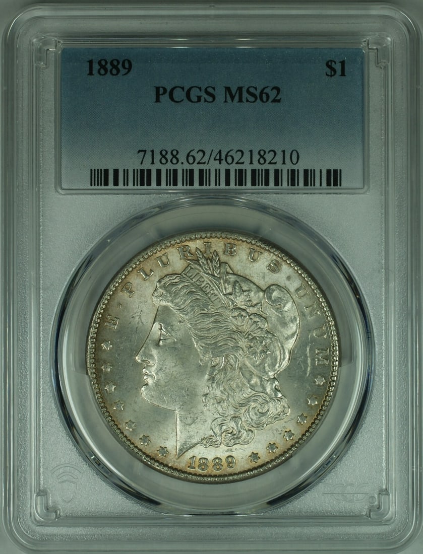 PCGS MS62 1889 Morgan Dollar Silver Coin from Philadelphia Mint: PCGS MS62 1889 Morgan Dollar Silver Coin from Philadelphia Mint This is an 1889 Morgan Silver Dollar coin from the United States, certified by PCGS with a grade of MS-62. The coin is uncirculated and
