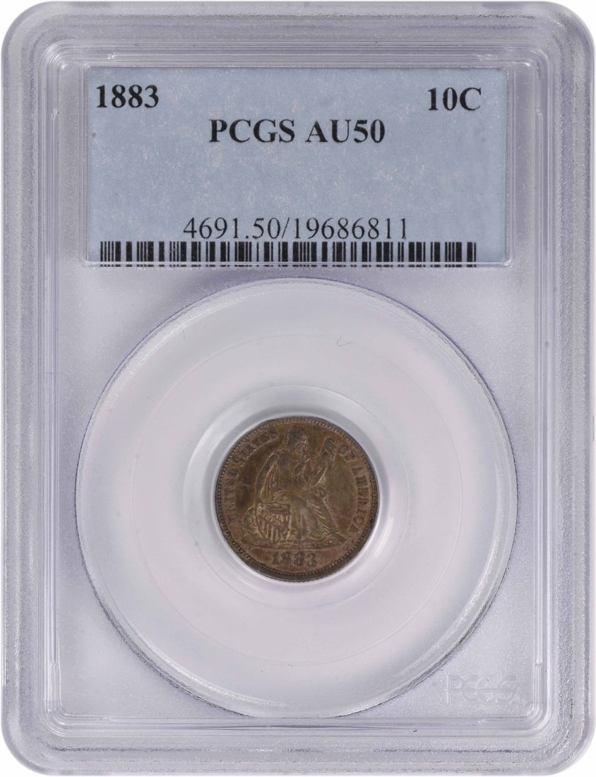 1883 Seated Liberty Silver Dime AU50 PCGS Certified 10C: 1883 Seated Liberty Silver Dime AU50 PCGS Certified 10C This 1883 Liberty Seated Silver Dime is an exquisite collectible coin graded AU50 by PCGS. Struck at the Philadelphia Mint, it features the clas