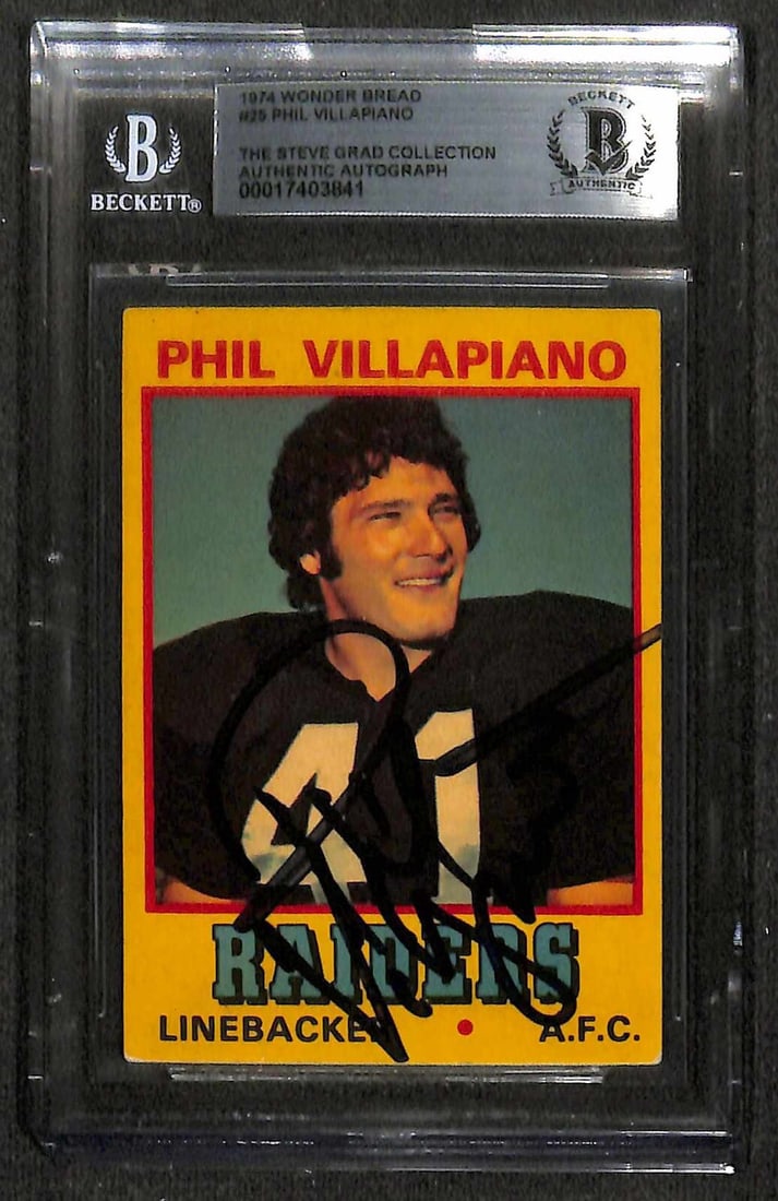 Phil Villapiano Signed 1974 Wonder Bread #25 Card Beckett Authenticated: Phil Villapiano Signed 1974 Wonder Bread #25 Card Beckett Authenticated This is an original autographed 1974 Wonder Bread #25 sports trading card signed by Phil Villapiano, the renowned Oakland Raider