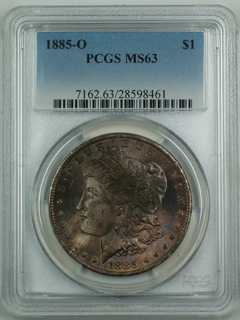 PCGS MS63 1885-O Silver Morgan Dollar New Orleans Toned Plum: PCGS MS63 1885-O Silver Morgan Dollar New Orleans Toned Plum This 1885-O Morgan Silver Dollar is graded MS-63 by PCGS and features heavy plum toning. Minted in New Orleans, the coin is composed of sil