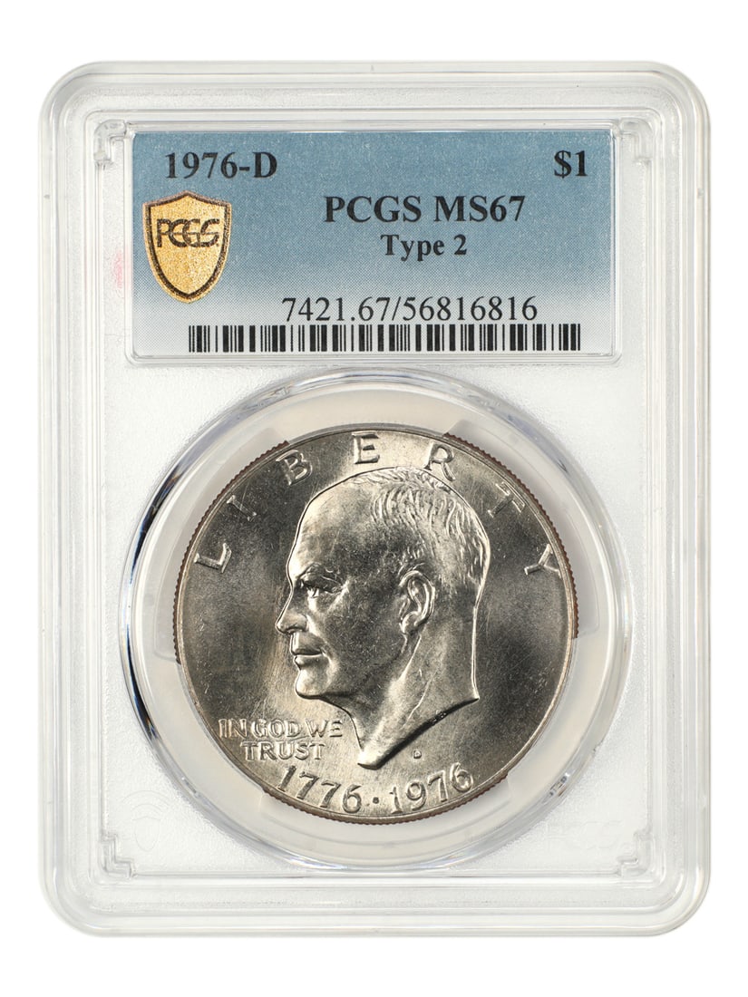 PCGS MS67 1976 Denver Eisenhower Dollar Type 2 Centennial Issue: PCGS MS67 1976 Denver Eisenhower Dollar Type 2 Centennial Issue This 1976-D Ike Dollar is a Type 2 variety graded MS67 by PCGS. Struck at the Denver Mint, this uncirculated coin commemorates the bicen