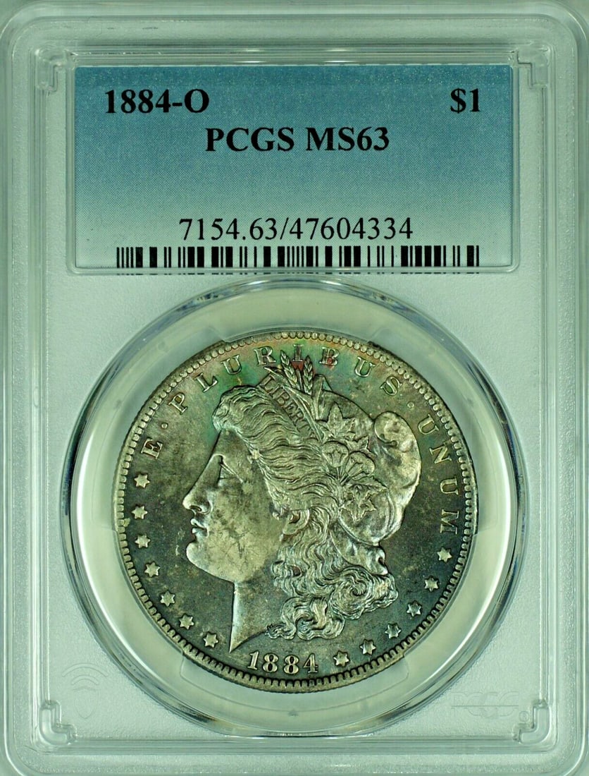 PCGS MS63 1884-O Morgan Dollar Silver United States Toned: PCGS MS63 1884-O Morgan Dollar Silver United States Toned This 1884-O Morgan Silver Dollar is a United States $1 coin composed of silver. Certified by PCGS with a grade of MS 63, this uncirculated coi