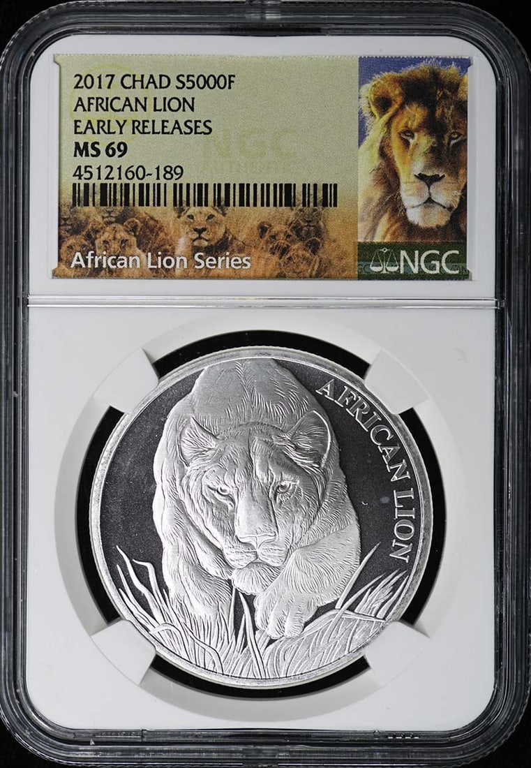 2017 Chad S5000F African Lion Silver Coin NGC MS69 Early Releases: 2017 Chad S5000F African Lion Silver Coin NGC MS69 Early Releases This is a 2017 Chad African Lion coin, graded MS69 by NGC. The coin is in un-used condition and has received the Early Releases design