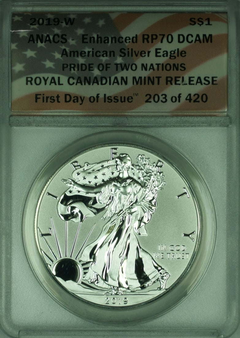 Enhanced Reverse Proof 2019-W Silver Eagle ANACS RP-70 First Day Issue (1 of 2)