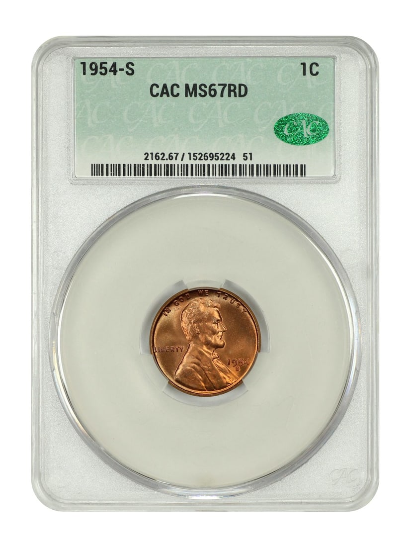CACG Certified 1954-S Lincoln Wheat Cent MS67 Red (1 of 2)
