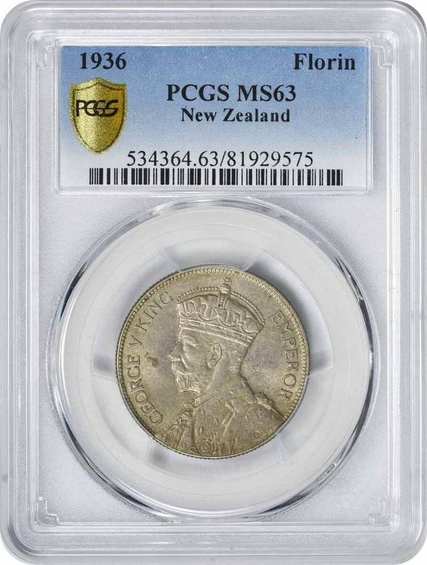 1936 Silver Florin Coin from New Zealand PCGS MS63 Certified: 1936 Silver Florin Coin from New Zealand PCGS MS63 Certified This 1936 New Zealand Florin is composed of silver and has been certified by PCGS with a grade of MS63. The coin is uncirculated and origin