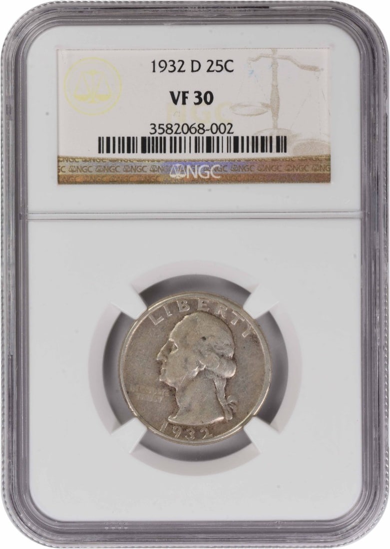 VF30 1932 Denver Mint Washington Quarter 90 Percent Silver Certified by NGC: VF30 1932 Denver Mint Washington Quarter 90 Percent Silver Certified by NGC This 1932-D Washington Silver Quarter is graded VF30 by NGC. Struck at the Denver Mint, it features a composition of 90% sil