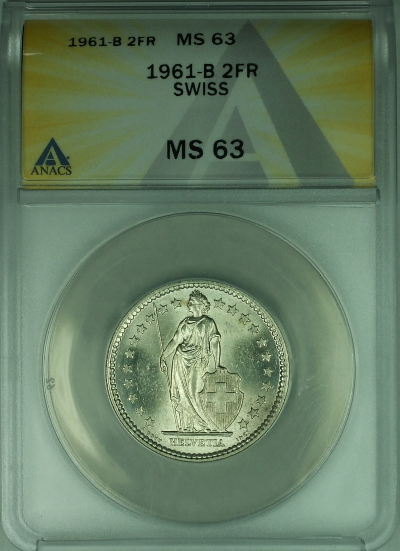 Switzerland 2 Francs Silver 1961-B ANACS MS-63 Certified Coin (1 of 2)