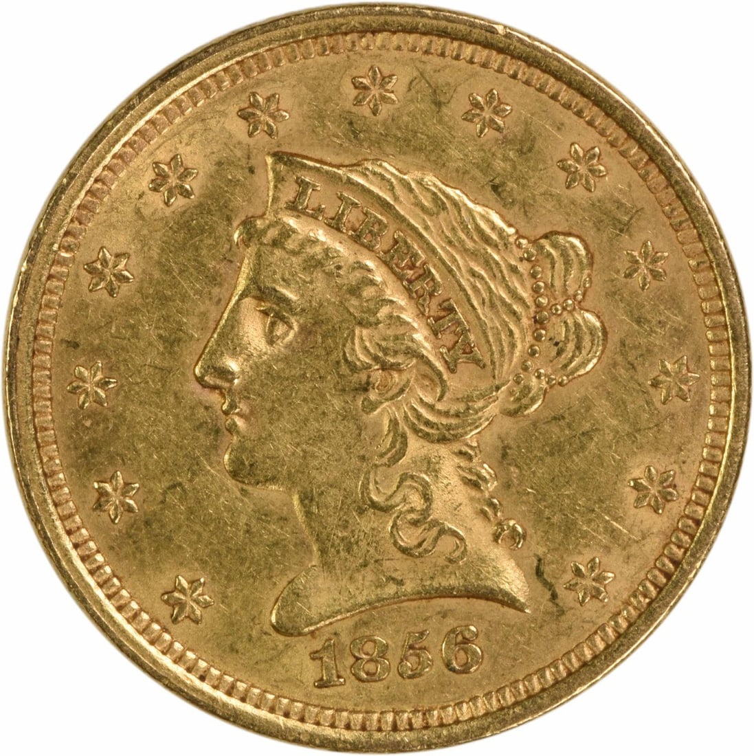 1856 $2.50 Gold Liberty Head Coin AU Uncertified Philadelphia: 1856 $2.50 Gold Liberty Head Coin AU Uncertified Philadelphia This 1856 $2.50 Gold Liberty Head coin features an exquisite design by Christian Gobrecht, showcasing the iconic Liberty Head. It has a go