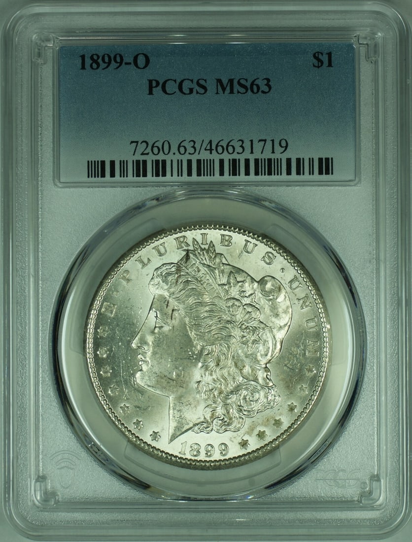 PCGS MS63 1899-O Silver Morgan Dollar from New Orleans Mint: PCGS MS63 1899-O Silver Morgan Dollar from New Orleans Mint This is an uncirculated 1899-O Morgan Silver Dollar coin, certified by PCGS with a grade of MS-63. Minted in New Orleans, it features a silv