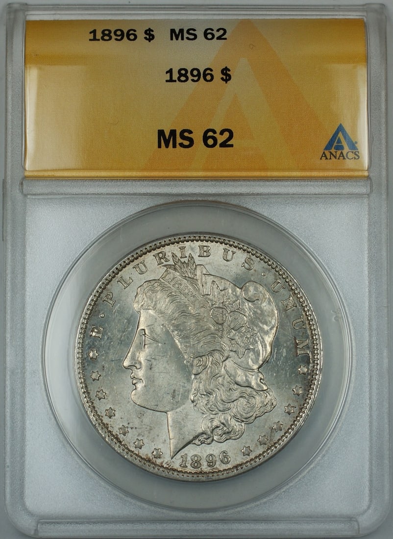 ANACS MS-62 Graded 1896 Morgan Silver Dollar from Philadelphia: ANACS MS-62 Graded 1896 Morgan Silver Dollar from Philadelphia This 1896 Morgan Silver Dollar was minted in Philadelphia and is certified by ANACS with a grade of MS-62. Composed of silver, it is an u