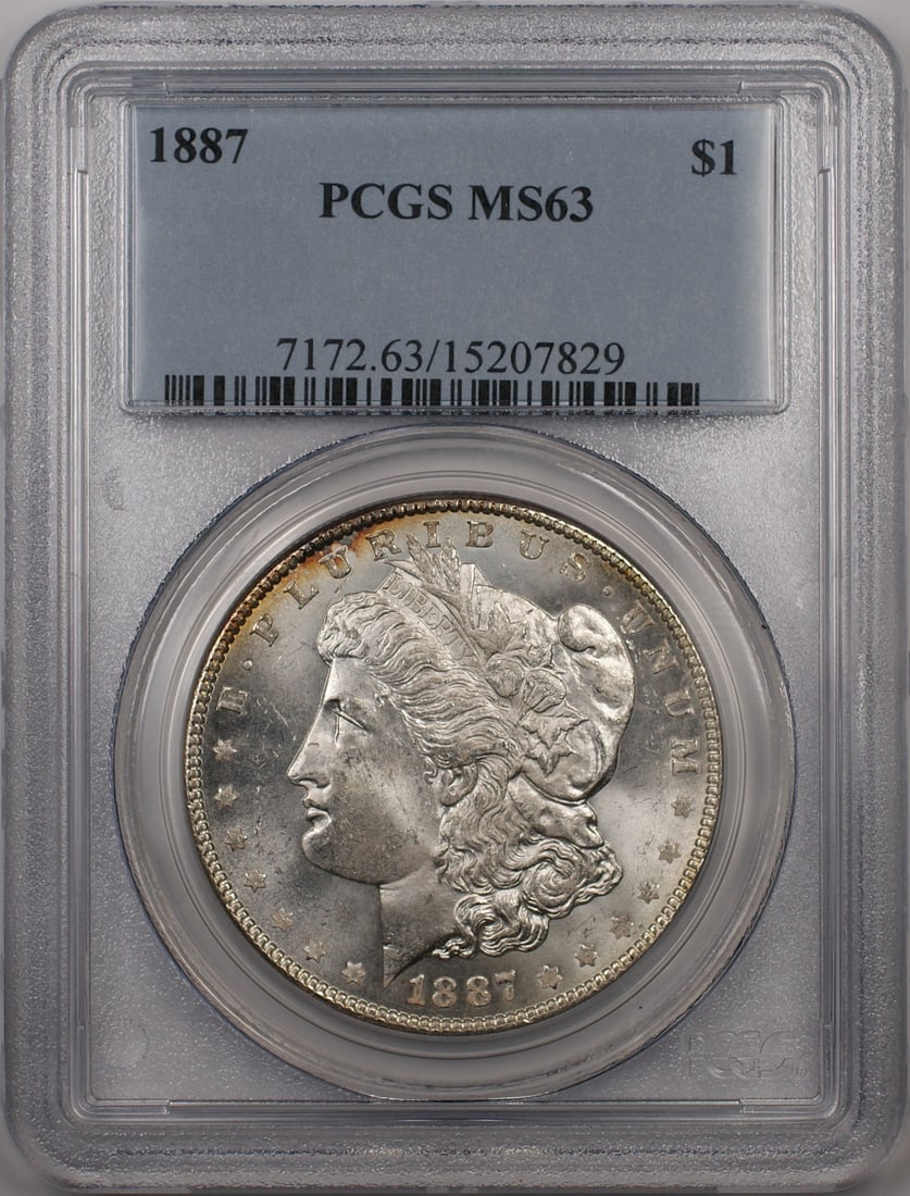 PCGS MS63 1887 Morgan Dollar Silver Coin Philadelphia Mint: PCGS MS63 1887 Morgan Dollar Silver Coin Philadelphia Mint This 1887 Morgan Silver Dollar is graded MS-63 by PCGS, indicating it is in uncirculated condition. Minted in Philadelphia, this coin is comp