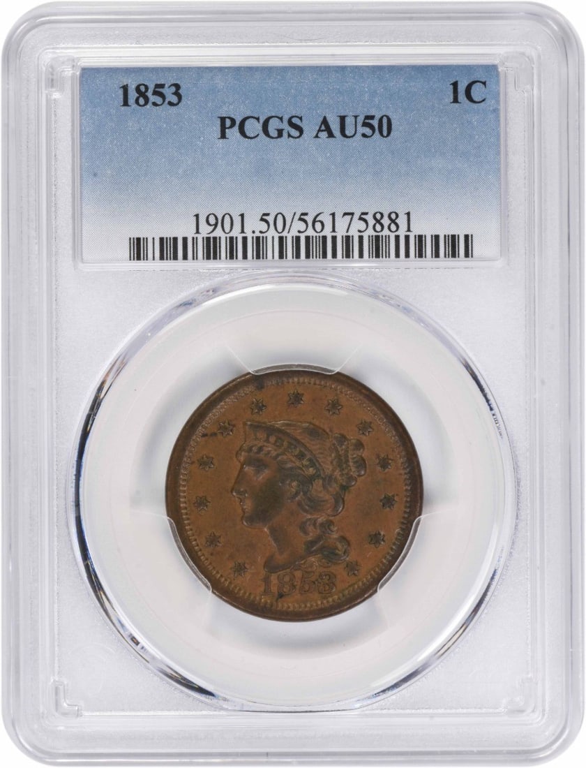 1853 Coronet Head Large Cent PCGS AU50 Copper Coin: 1853 Coronet Head Large Cent PCGS AU50 Copper Coin This is an 1853 Coronet Head Large Cent graded AU50 by PCGS. The coin is composed of copper, originates from the United States, and does not have a m