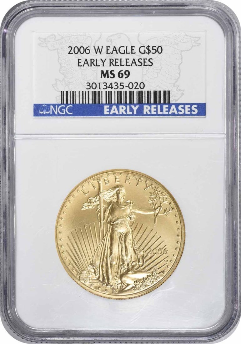 2006-W $50 American Gold Eagle MS69 NGC Early Releases Coin: 2006-W $50 American Gold Eagle MS69 NGC Early Releases Coin The 2006-W $50 American Gold Eagle MS69 is a stunning coin certified by NGC. This exquisite piece features a burnished strike and showcases