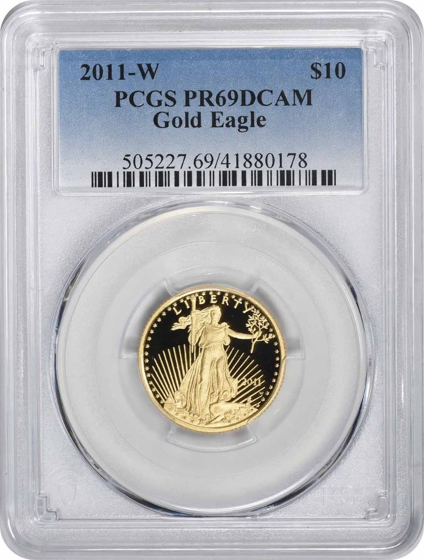 2011-W $10 American Gold Eagle PR69DCAM PCGS 1/4 oz Proof Coin: 2011-W $10 American Gold Eagle PR69DCAM PCGS 1/4 oz Proof Coin This stunning 2011-W $10 American Gold Eagle coin showcases exquisite craftsmanship and is graded PR69DCAM by PCGS. Struck in proof quali