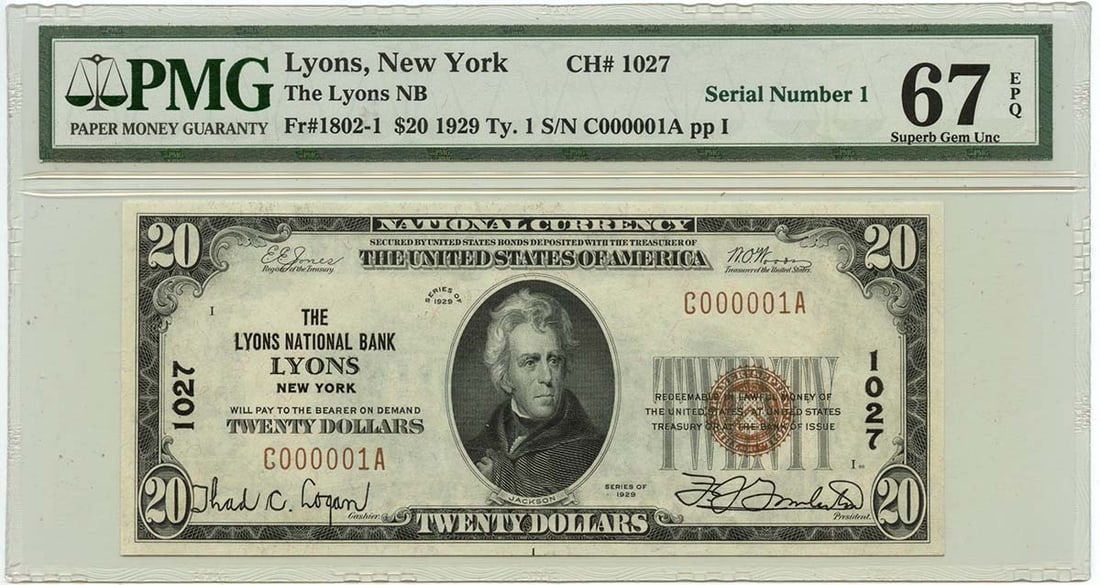 1929 $20 National Bank Note Serial 1 PMG GEM 67 EPQ New York CH 1027 (1 of 2)