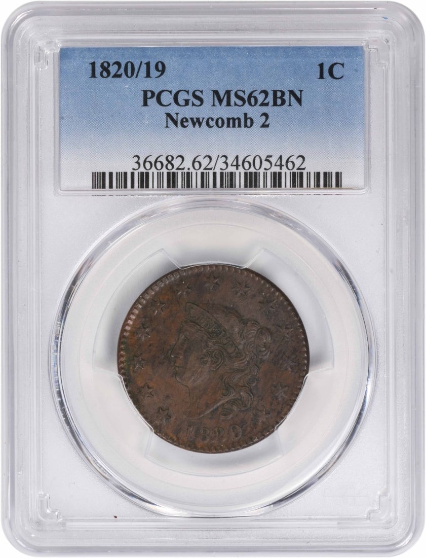 Coronet Head 1820 Over 19 Large Cent PCGS MS62BN Copper Coin: Coronet Head 1820 Over 19 Large Cent PCGS MS62BN Copper Coin This 1820/19 Coronet Head Large Cent is certified by PCGS with a grade of MS62BN. Minted in Philadelphia, this pre-owned coin features a pl