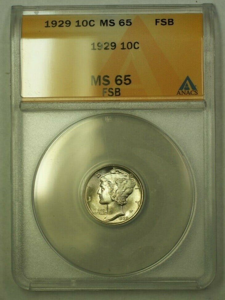 ANACS MS-65 FSB 1929 Mercury Dime Silver Coin Philadelphia Mint (1 of 2)