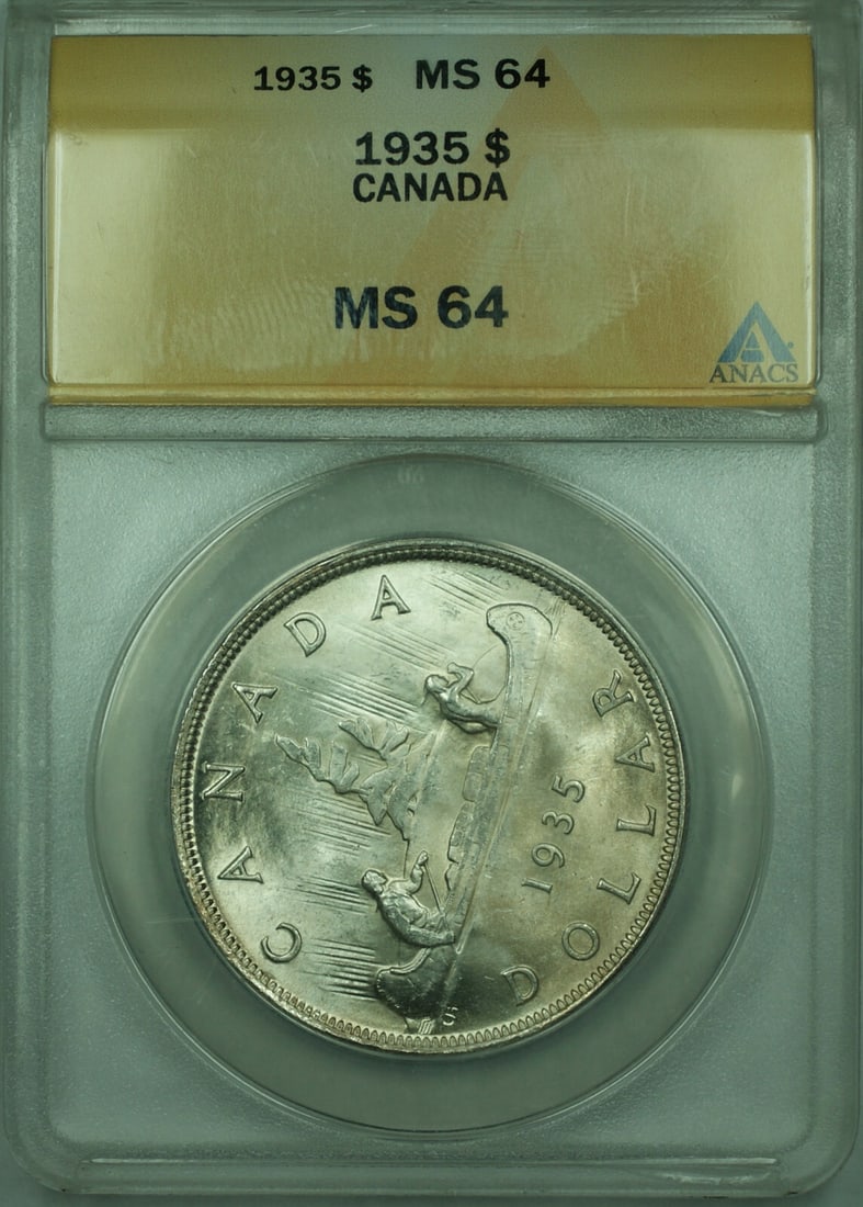 Canada 1935 George V Silver Dollar ANACS MS-64 Certified Coin: Canada 1935 George V Silver Dollar ANACS MS-64 Certified Coin This is an un-used 1935 Canada Silver Dollar featuring King George V. The coin is composed of silver with a fineness of 0.8 and has a deno