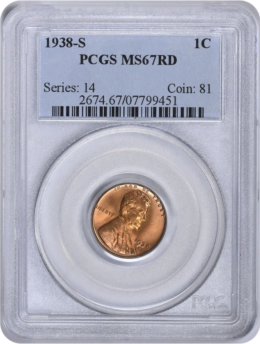 1938-S Lincoln Cent MS67RD PCGS Uncirculated Copper Coin: 1938-S Lincoln Cent MS67RD PCGS Uncirculated Copper Coin This stunning 1938-S Lincoln Cent boasts an impressive MS67RD grade from PCGS, ensuring its status as an uncirculated piece. Struck in San Fran