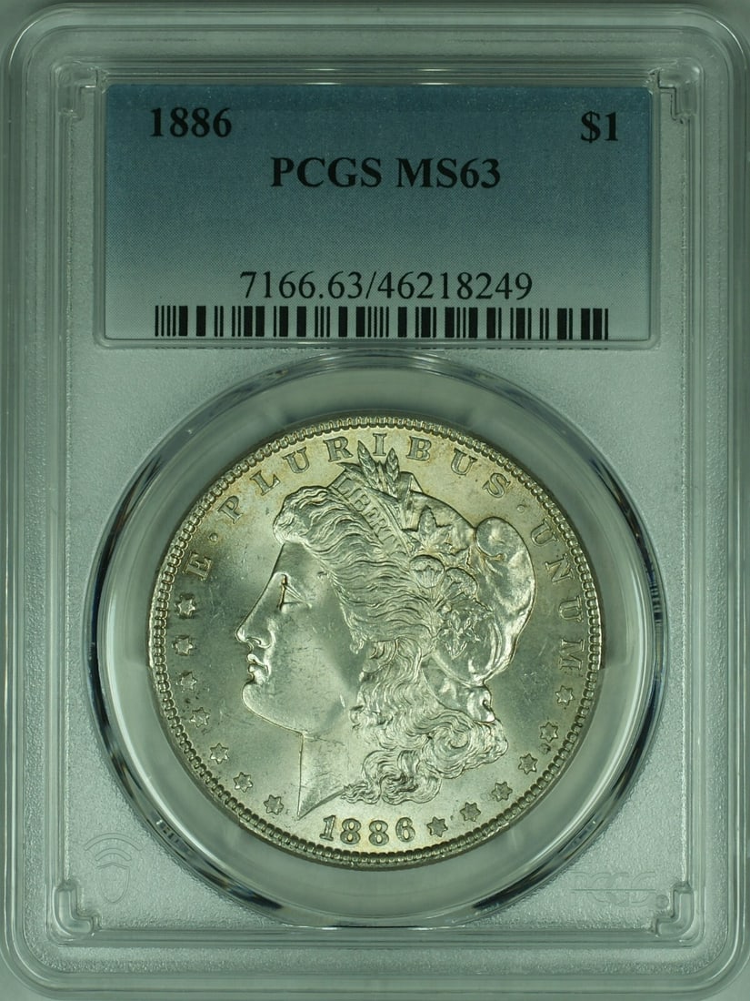 PCGS MS-63 Certified 1886 Morgan Dollar Silver Coin from Philadelphia: PCGS MS-63 Certified 1886 Morgan Dollar Silver Coin from Philadelphia This is an 1886 Morgan Silver Dollar Coin from the United States, graded MS-63 by PCGS. Struck at the Philadelphia Mint, this unci