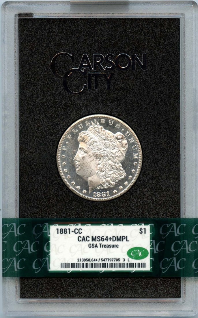1881 Carson City Morgan Dollar CACG MS64 Plus DMPL GSA Hoard: 1881 Carson City Morgan Dollar CACG MS64 Plus DMPL GSA Hoard This 1881-CC Morgan Dollar is part of the GSA Hoard and has been certified by CACG with a grade of MS64+ DMPL, indicating a deep mirror pro