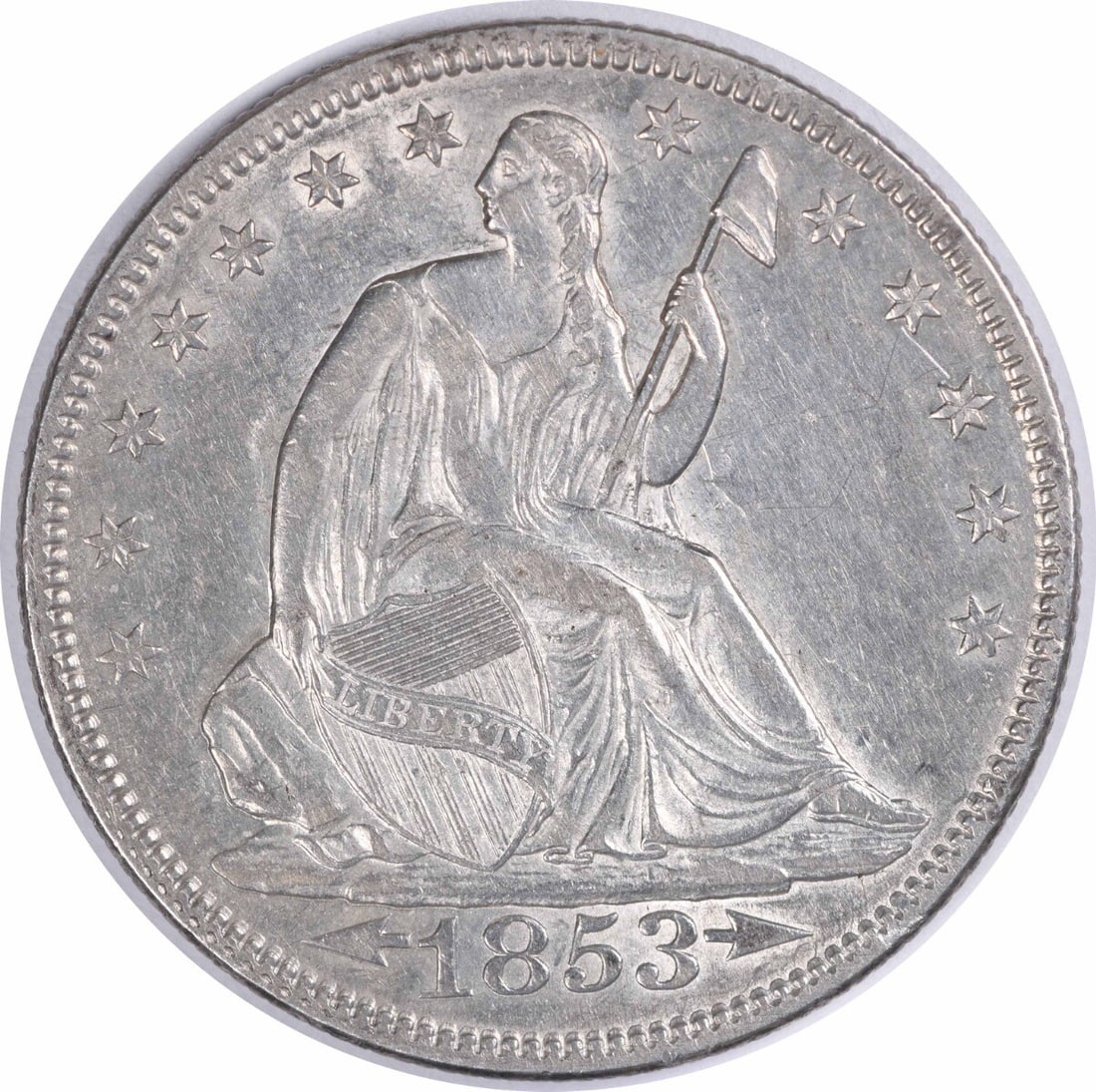 1853 Seated Liberty 50C Arrows and Rays AU Uncertified Silver Coin: 1853 Seated Liberty 50C Arrows and Rays AU Uncertified Silver Coin This 1853 Liberty Seated Half Dollar features the Arrows and Rays design and was struck at the Philadelphia Mint. Composed of 90% sil