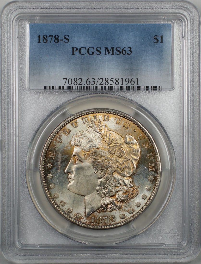 PCGS MS63 1878-S Morgan Silver Dollar Toned Uncirculated San Francisco: PCGS MS63 1878-S Morgan Silver Dollar Toned Uncirculated San Francisco This 1878-S Morgan Silver Dollar is a $1 coin from the United States, minted in San Francisco. It is composed of silver and has b