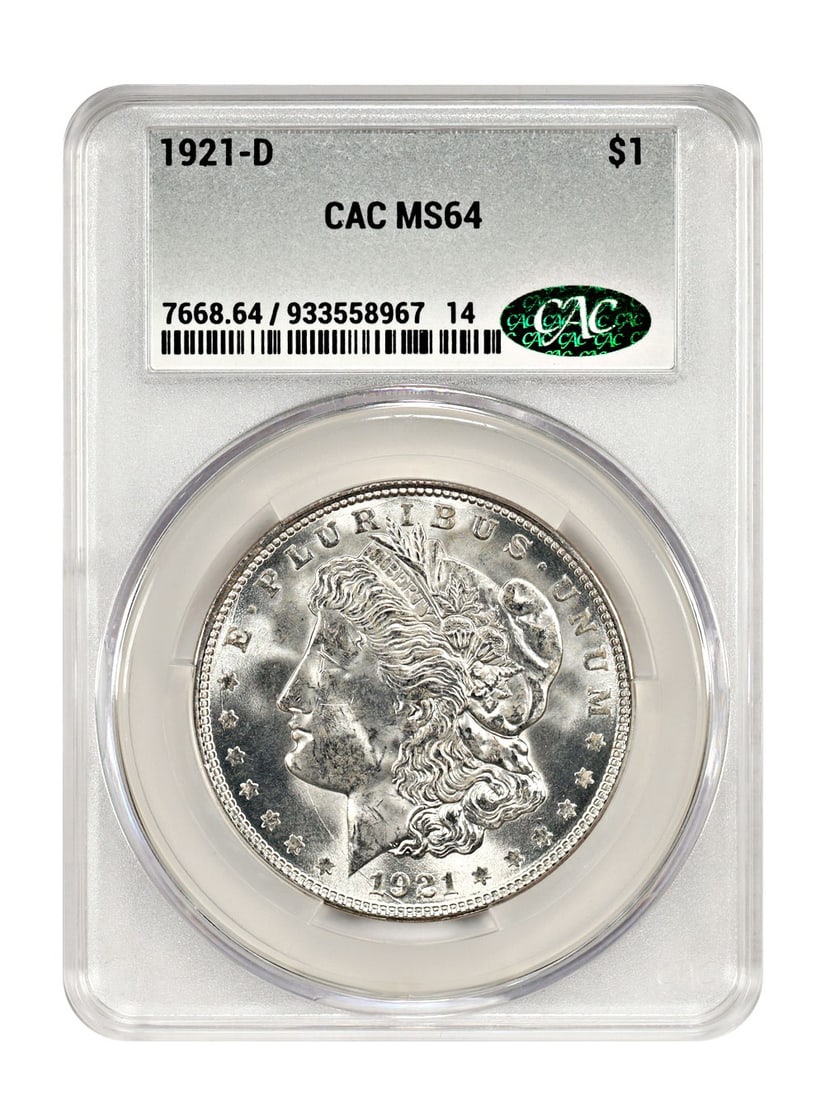 CACG Graded MS64 1921 Denver Morgan Silver Dollar: CACG Graded MS64 1921 Denver Morgan Silver Dollar This is a 1921-D Morgan Dollar graded MS64 by CACG. The coin is uncirculated and was minted in Denver. It is part of the Morgan Dollar series and has