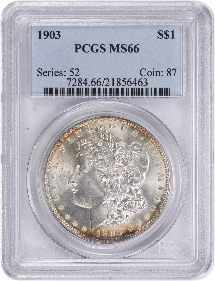 1903 Morgan Silver Dollar MS66 PCGS Uncirculated 90% Silver: 1903 Morgan Silver Dollar MS66 PCGS Uncirculated 90% Silver This stunning 1903 Morgan Silver Dollar is a remarkable piece for any collector, graded MS66 by PCGS. Struck in Philadelphia, this coin feat