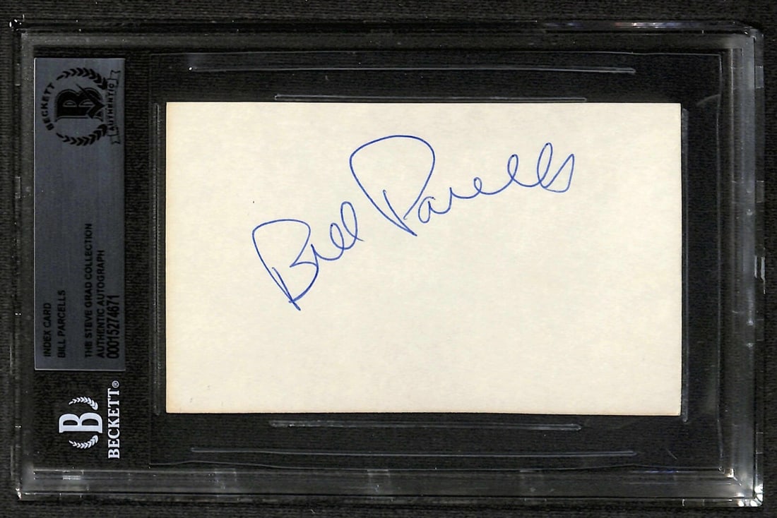 Bill Parcells Signed 3x5 Index Card Beckett Authenticated: Bill Parcells Signed 3x5 Index Card Beckett Authenticated This is a signed 3x5 index card featuring the autograph of Bill Parcells, the legendary New York Giants coach and NFL Hall of Fame member. The