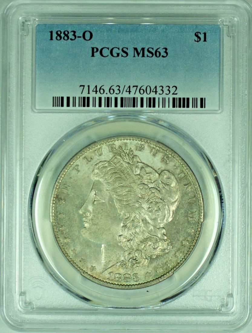 PCGS MS 63 1883-O Morgan Dollar Silver Coin With Toning: PCGS MS 63 1883-O Morgan Dollar Silver Coin With Toning This 1883-O Morgan Silver Dollar is a collectible coin from the United States, featuring attractive natural toning. It is certified by PCGS and