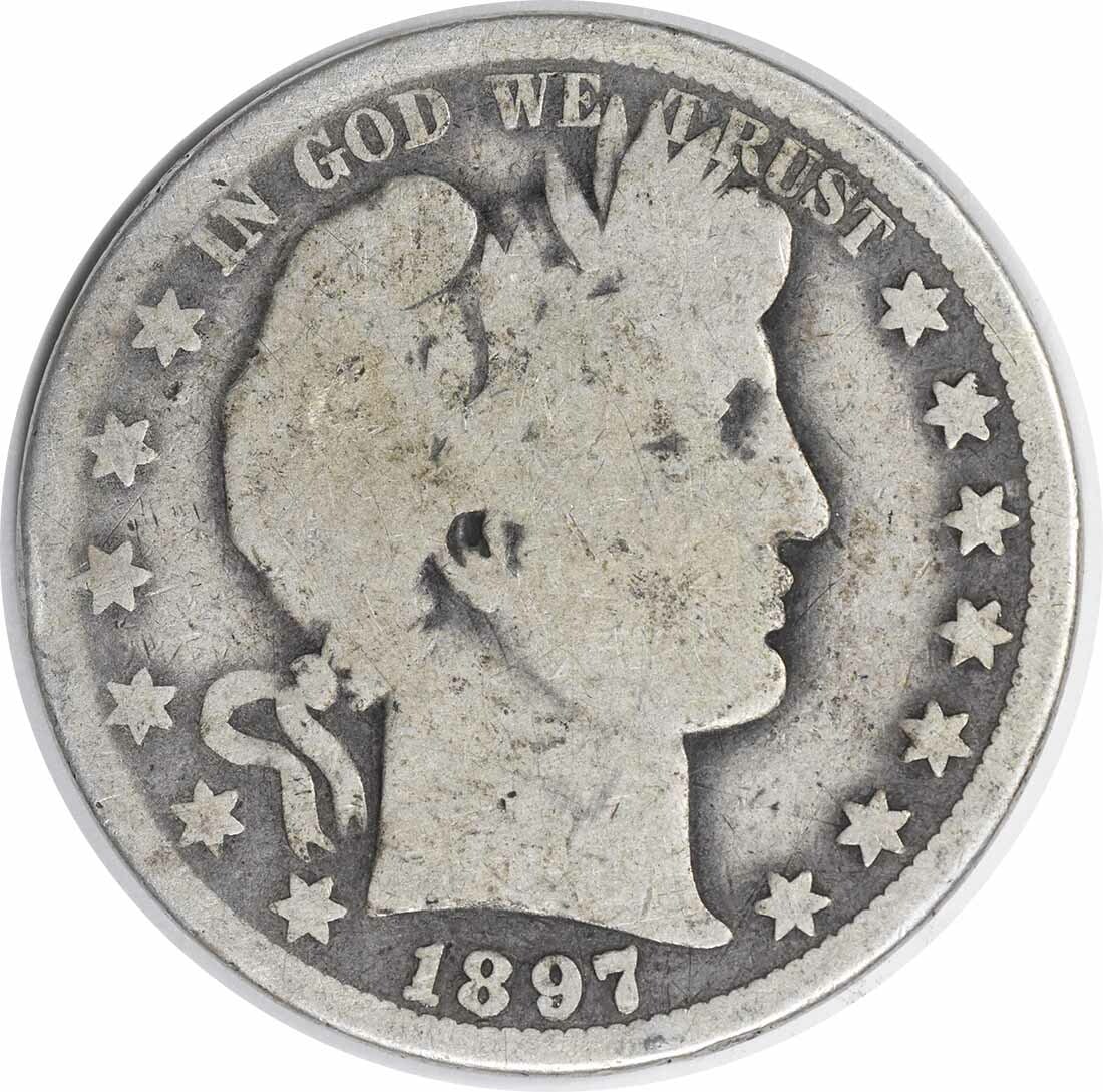 1897-O Barber Silver Half Dollar 50C Uncertified Coin: 1897-O Barber Silver Half Dollar 50C Uncertified Coin This 1897-O Barber Silver Half Dollar is a remarkable piece of numismatic history. It features a composition of 90% silver and 10% copper, designe