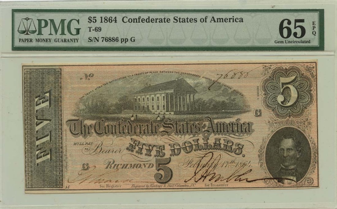 1864 $5 Confederate States T-69 PMG GEM 65 EPQ Note (1 of 2)
