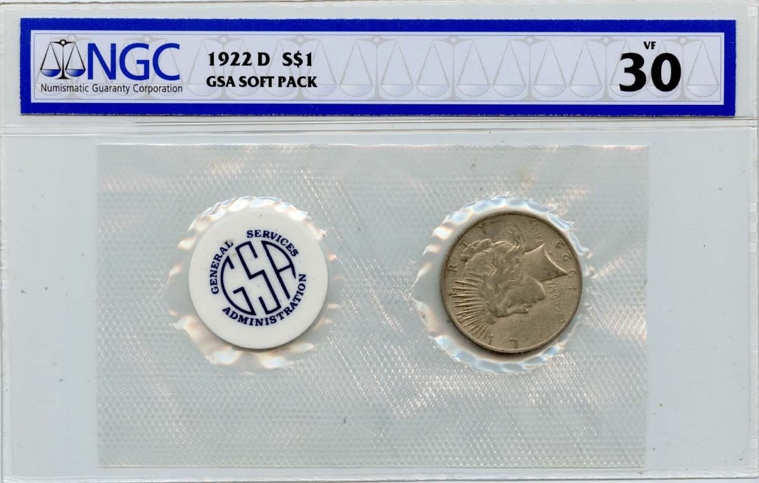 NGC VF30 1922 D Peace Dollar GSA Soft Pack Silver Coin: NGC VF30 1922 D Peace Dollar GSA Soft Pack Silver Coin This 1922 D Peace Dollar is certified by NGC with a VF30 grade. The coin is circulated and originates from the United States. It features the ico