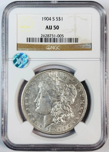 NGC AU 50 Graded 1904 San Francisco Morgan Silver Dollar: NGC AU 50 Graded 1904 San Francisco Morgan Silver Dollar This 1904 S Morgan Silver Dollar is certified by NGC with a grade of AU-50. The coin is composed of silver, minted in San Francisco, and is cir