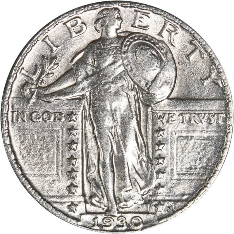 1930-P Standing Liberty Quarter Silver Coin Circulated: 1930-P Standing Liberty Quarter Silver Coin Circulated This 1930-P Standing Liberty Quarter is a striking example of American coinage. Crafted from silver with a fineness of 0.9, this quarter showcase