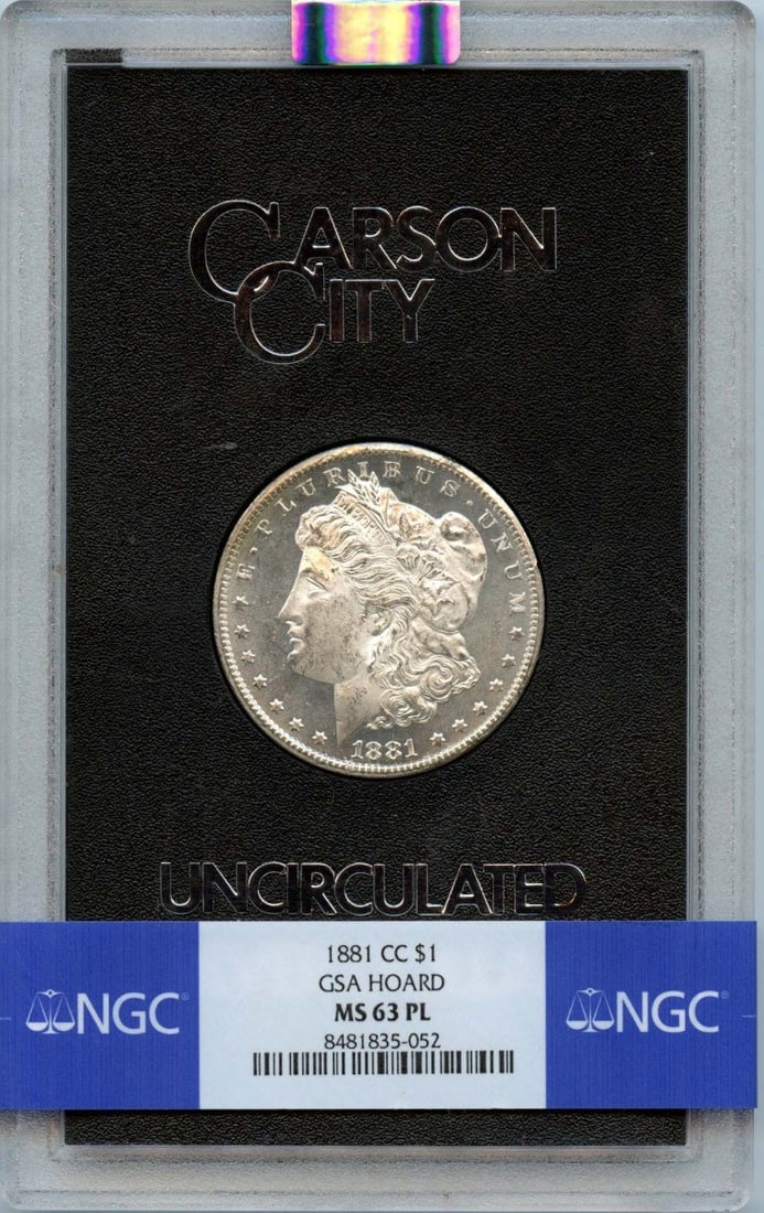 NGC MS63PL 1881 Carson City Morgan Dollar GSA Hoard Proof-Like: NGC MS63PL 1881 Carson City Morgan Dollar GSA Hoard Proof-Like This is an 1881-CC Morgan Dollar from the GSA Hoard, certified by NGC with a grade of MS63PL. The coin is uncirculated and features a pro