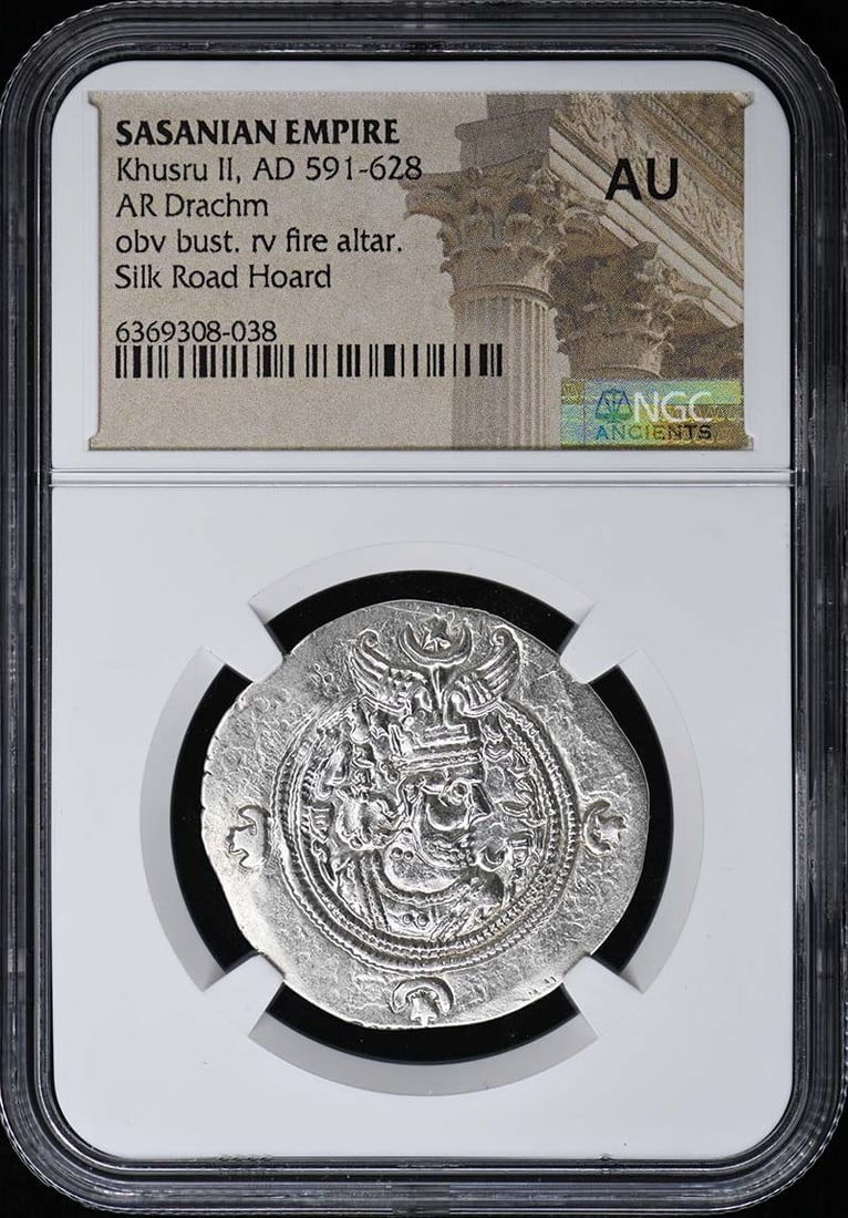 Sasanian Empire Silver Drachm of Khusru II NGC AU Certified: Sasanian Empire Silver Drachm of Khusru II NGC AU Certified This is a Sasanian Empire silver drachm from the reign of Khusru II, dating from AD 591-628. The coin is certified by NGC with a grade of AU