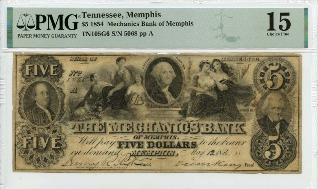 1854 Five Dollar Mechanics Bank of Memphis Obsolete Currency PMG F15 Certified (1 of 2)