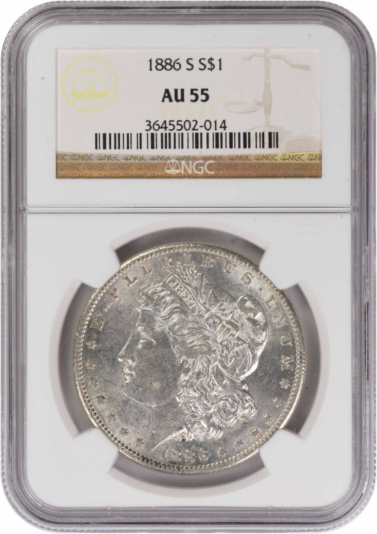 NGC AU55 1886 San Francisco Morgan Dollar 90 Percent Silver: NGC AU55 1886 San Francisco Morgan Dollar 90 Percent Silver This 1886-S Morgan Silver Dollar is graded AU55 by NGC and was minted in San Francisco. The coin is composed of 90% silver and 10% copper, f