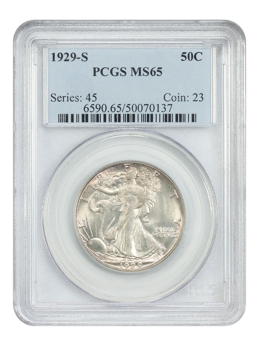PCGS MS65 1929-S Walking Liberty Half Dollar Uncirculated San Francisco 50C: PCGS MS65 1929-S Walking Liberty Half Dollar Uncirculated San Francisco 50C This 1929-S Walking Liberty Half Dollar is certified by PCGS with a grade of MS65. Struck at the San Francisco Mint, this un