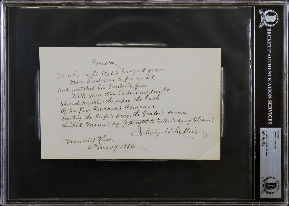 John G Whittier 1884 Handwritten Poem Excerpt Signed Beckett Authenticated (1 of 5)