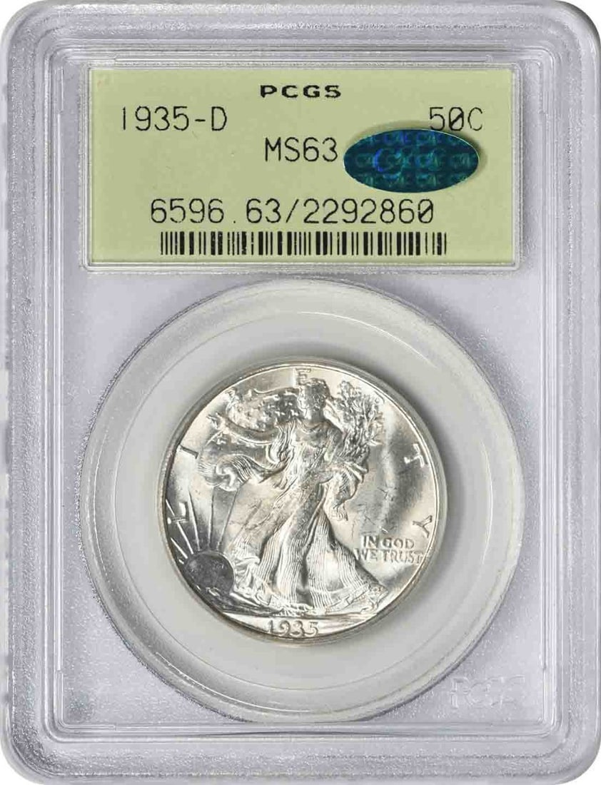 1935-D Walking Liberty Half Dollar MS63 PCGS OGH CAC: 1935-D Walking Liberty Half Dollar MS63 PCGS OGH CAC This 1935-D Walking Liberty Silver Half Dollar is graded MS63 by PCGS and comes in an original green holder (OGH). The coin is uncirculated, showca
