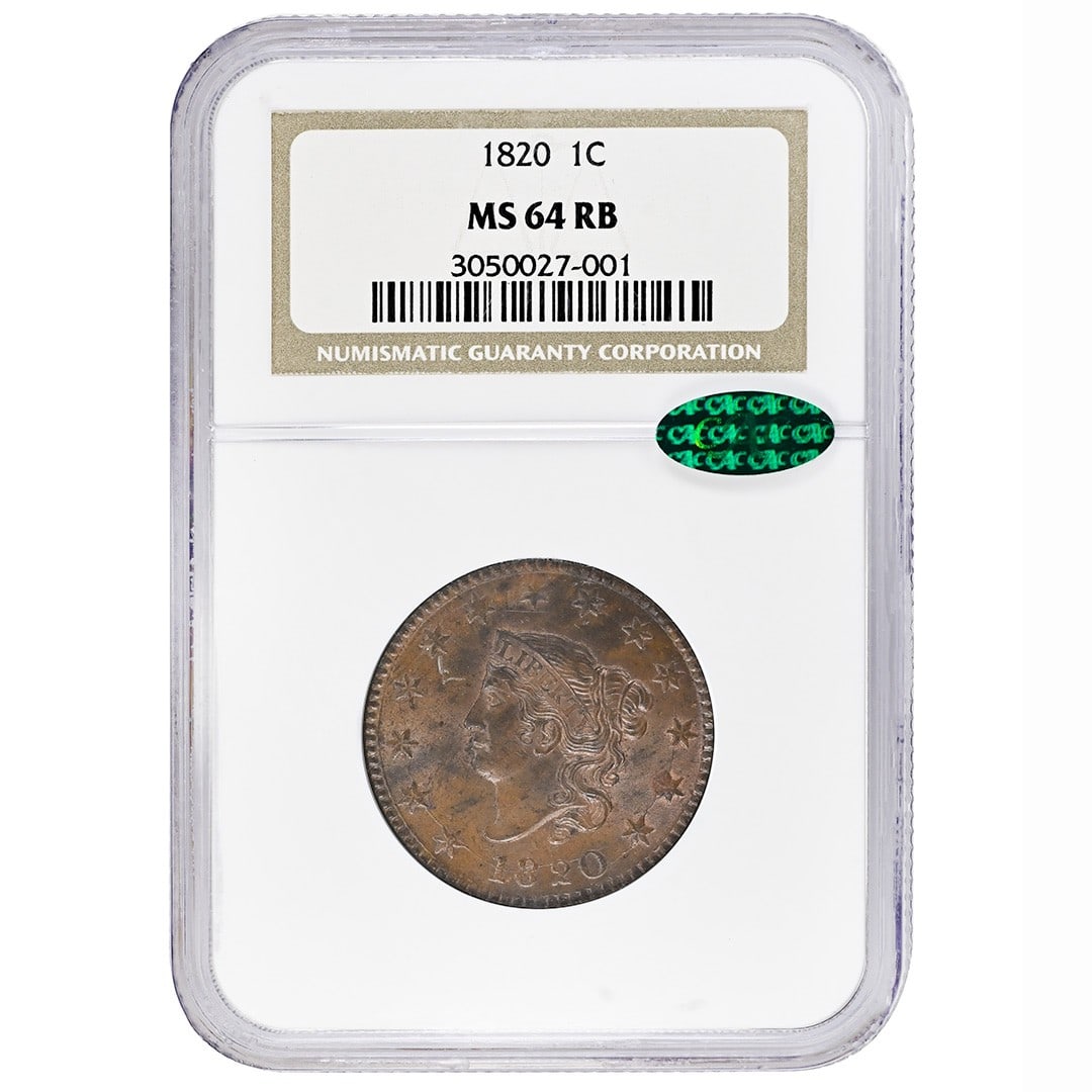 1820 Coronet Head Large Date Cent NGC MS64RB CAC Certified (1 of 2)