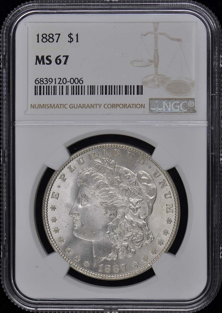 1887 NGC MS67 Morgan Dollar Uncirculated Philadelphia Coin: 1887 NGC MS67 Morgan Dollar Uncirculated Philadelphia Coin This 1887 Morgan Dollar is a remarkable piece that showcases the artistry of American coinage. Certified by NGC with a prestigious grade of M